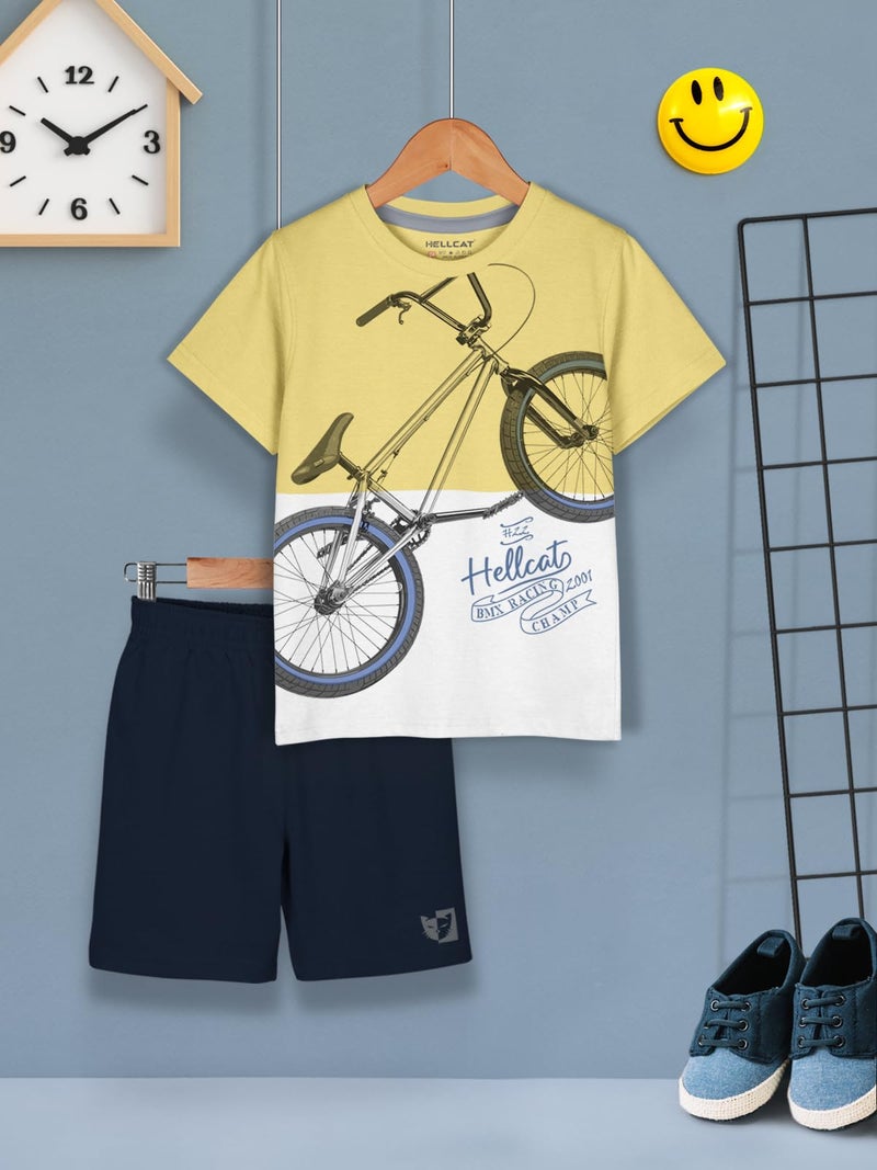 HELLCAT Boys Cotton Blend Printed Dress Clothing Set Combo with Tshirts & Shorts - Pack 1 Mustard 9-10 Years - Image 2