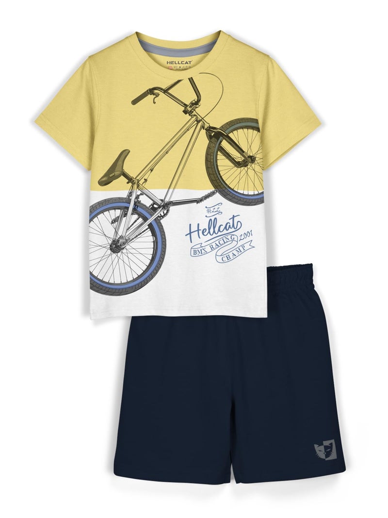 HELLCAT Boys Cotton Blend Printed Dress Clothing Set Combo with Tshirts & Shorts - Pack 1 Mustard 9-10 Years - Image 1