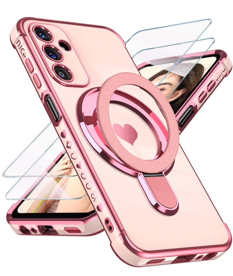 Liufcx for Samsung Galaxy A15 5G Love Heart Kickstand Case with 2X Screen Protector: Luxury Plated Gold Edge Slim Soft TPU Shockproof Protection Case Cover for Galaxy A15 (Pink) - Image 1
