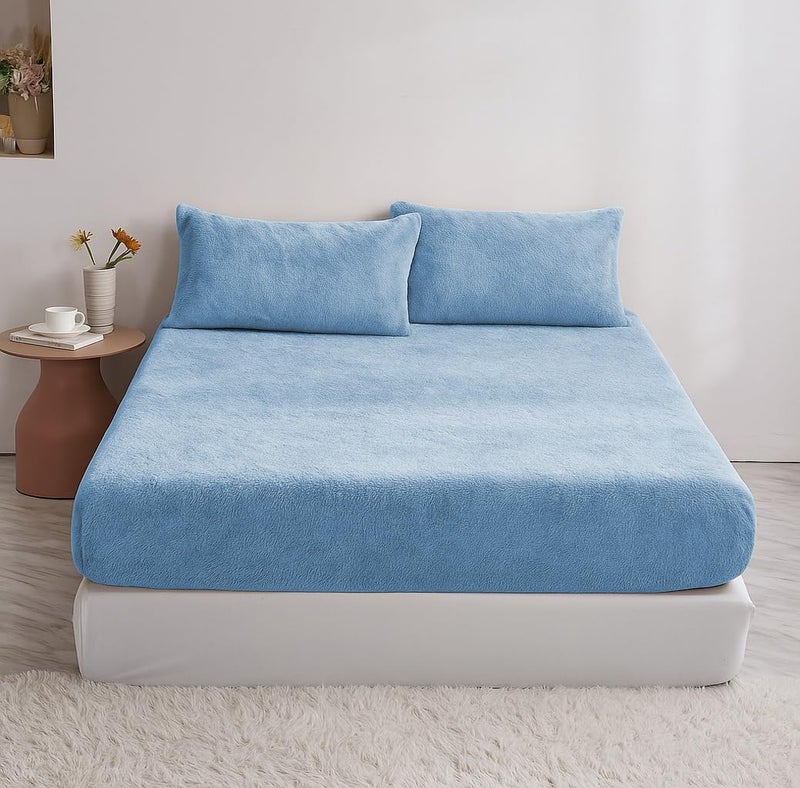 BSB HOME Luxury Warm Winter Elastic Fitted Bedsheet with 2 Pillow Covers – Ultra Soft Flannel Velvet Touch, Cozy & Wrinklefree lintfree Size - 78x72+10 Inches, Aqua Blue - Image 1
