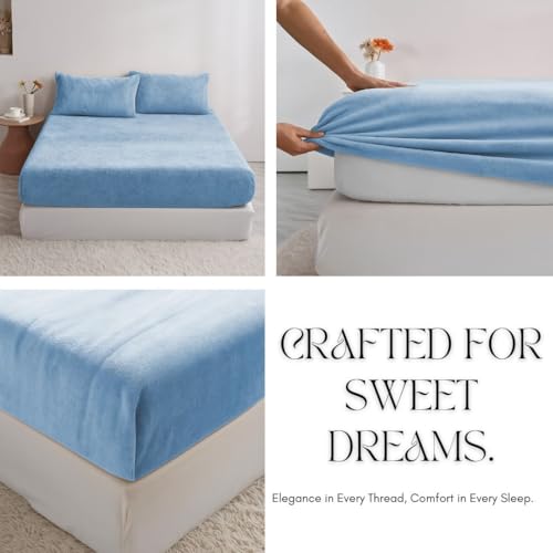 BSB HOME Luxury Warm Winter Elastic Fitted Bedsheet with 2 Pillow Covers – Ultra Soft Flannel Velvet Touch, Cozy & Wrinklefree lintfree Size - 78x72+10 Inches, Aqua Blue - Image 4