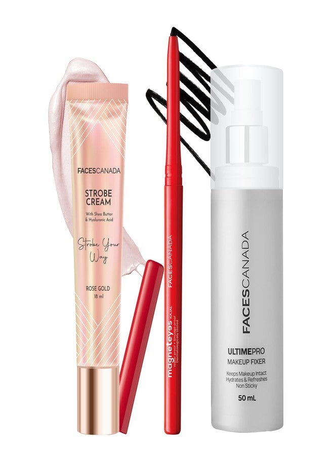 FACESCANADA Glow All Day Combo - Strobe Cream - Rose Gold (18ml) + Magneteyes Kajal - Black (0.35g) + Ultime Pro Makeup Fixer (50ml) | Long Lasting & Glowy Makeup | Waterproof & Smudgeproof - Image 1