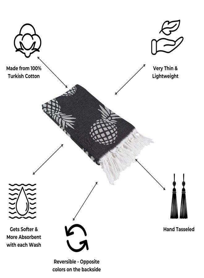 InfuseZen Turkish Bath & Beach Towel - 69" x 39" - Reversible Pineapple Print - 100% Organic Turkish Cotton - Soft, Lightweight, Absorbent Peshtemal - Quick Dry, Sand Free - Pool, Gym - Black/White - Image 2