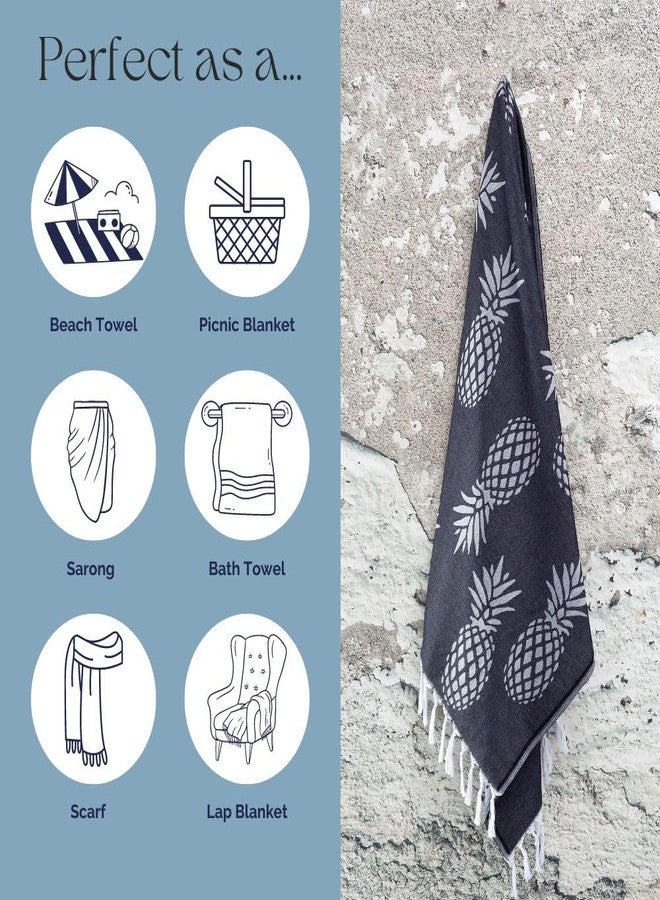 InfuseZen Turkish Bath & Beach Towel - 69" x 39" - Reversible Pineapple Print - 100% Organic Turkish Cotton - Soft, Lightweight, Absorbent Peshtemal - Quick Dry, Sand Free - Pool, Gym - Black/White - Image 5