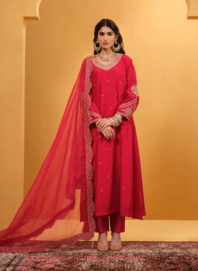 ISHIN Women's Pink Silk Blend Embellished A-Line Tunic Upperwear Calf Length Palazzo Bottomwear Flowy 3 Peice Kurta Set - Image 1