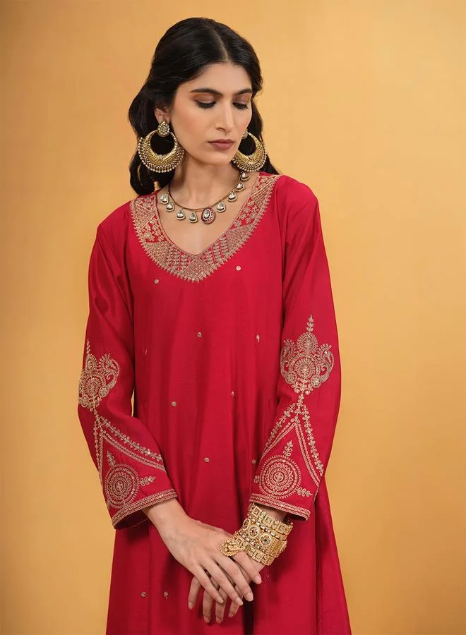 ISHIN Women's Pink Silk Blend Embellished A-Line Tunic Upperwear Calf Length Palazzo Bottomwear Flowy 3 Peice Kurta Set