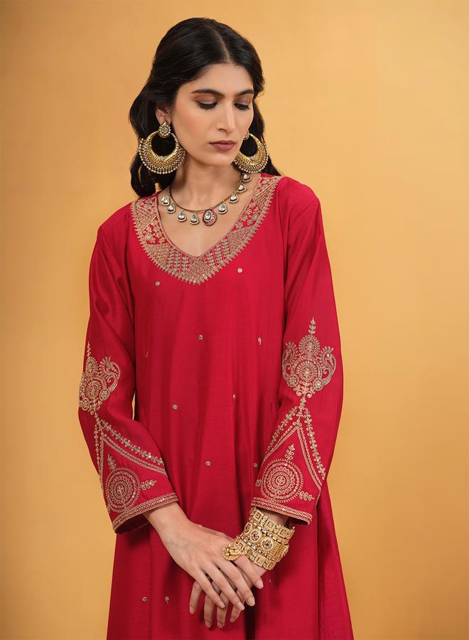 ISHIN Women's Pink Silk Blend Embellished A-Line Tunic Upperwear Calf Length Palazzo Bottomwear Flowy 3 Peice Kurta Set - Image 5