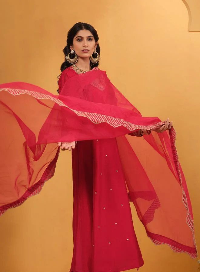 ISHIN Women's Pink Silk Blend Embellished A-Line Tunic Upperwear Calf Length Palazzo Bottomwear Flowy 3 Peice Kurta Set