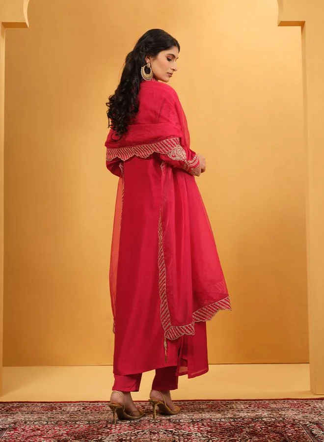 ISHIN Women's Pink Silk Blend Embellished A-Line Tunic Upperwear Calf Length Palazzo Bottomwear Flowy 3 Peice Kurta Set