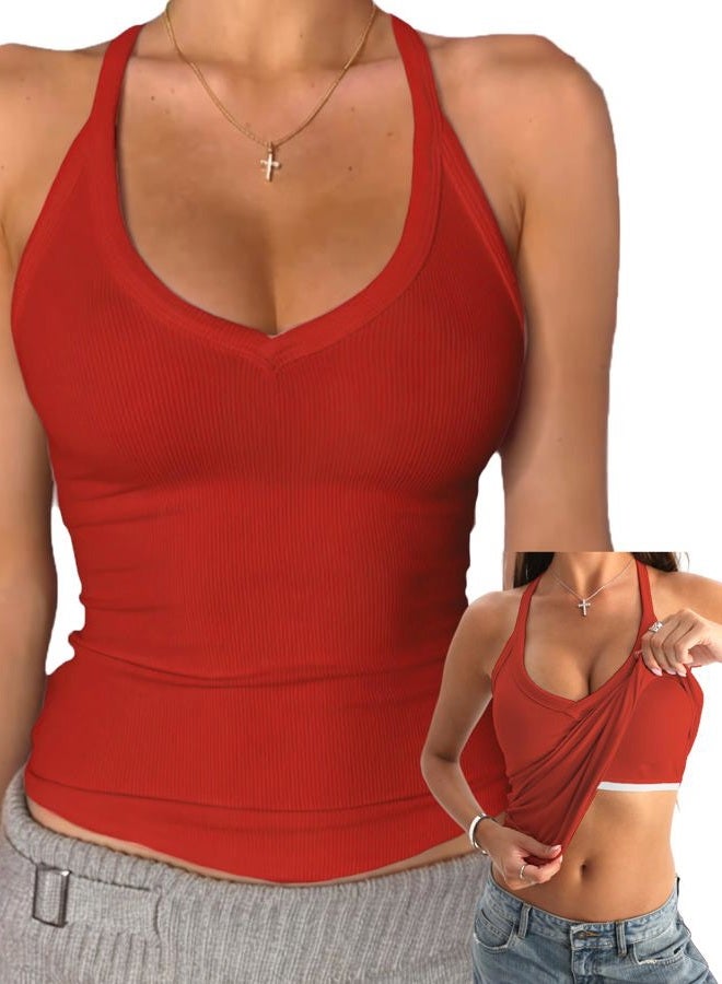 Danysu V Neck Cotton Tank Tops with Built-in Shelf Bra Sleeveless Racerback Fitted Basic Cami Shirts, Crimson Red, S - Image 1