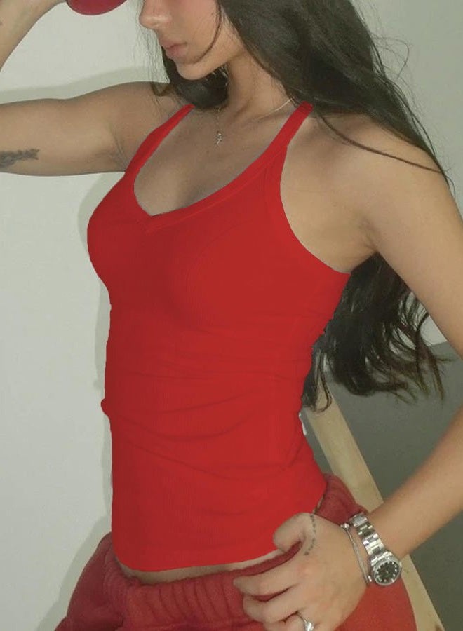 Danysu V Neck Cotton Tank Tops with Built-in Shelf Bra Sleeveless Racerback Fitted Basic Cami Shirts, Crimson Red, S - Image 3