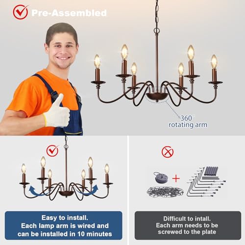Depuley Farmhouse Chandelier for Dining Room: 6-Light Antique Industrial Hanging Ceiling Pendant Light Fixture for Kitchen - Oil-Rubbed Bronze Rustic Vintage Iron Candle Chandeliers for Entryway - Image 4