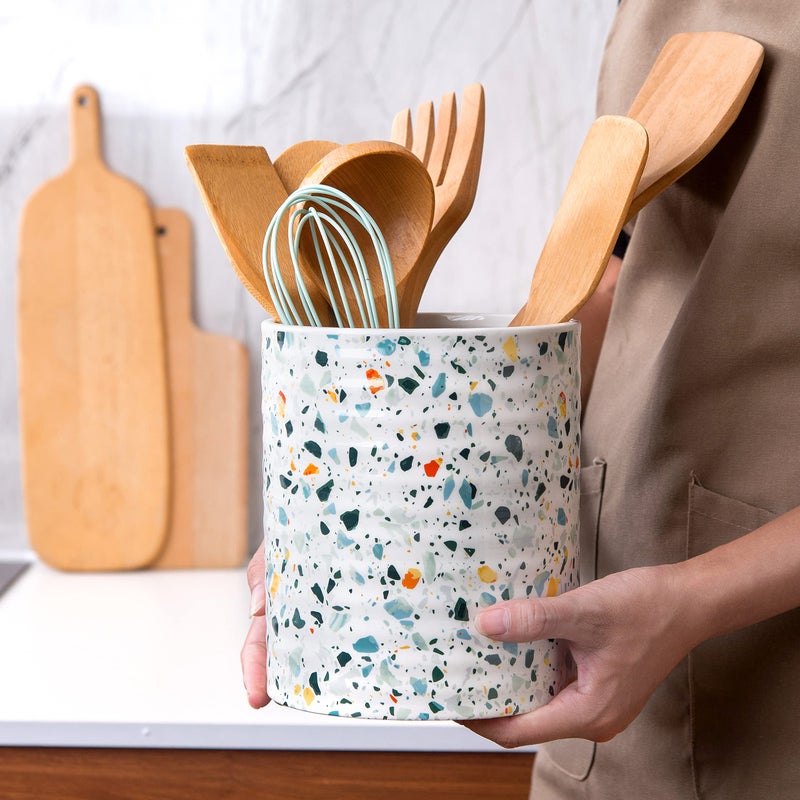 LEAZUL Kitchen Utensil Holder,7.2â€³Extra Large Stable Terrazzo Marble Pattern Ceramic Utensil Crock,Utensil Organizer for Countertop,Kitchen Decor,Utensil Holder for Housewarming,Wedding Gift Blue - Image 4
