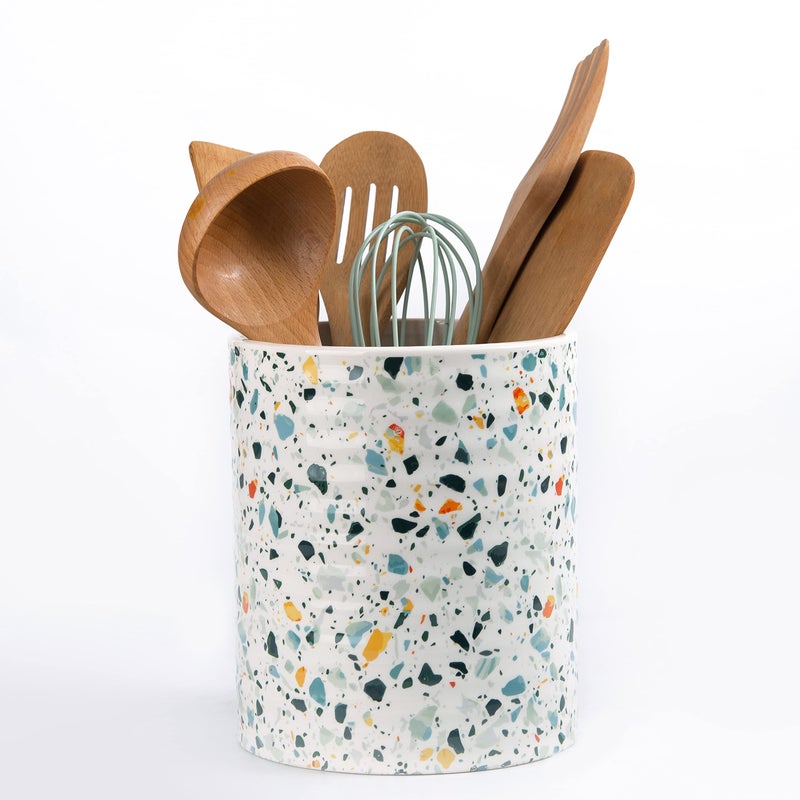 LEAZUL Kitchen Utensil Holder,7.2â€³Extra Large Stable Terrazzo Marble Pattern Ceramic Utensil Crock,Utensil Organizer for Countertop,Kitchen Decor,Utensil Holder for Housewarming,Wedding Gift Blue - Image 2
