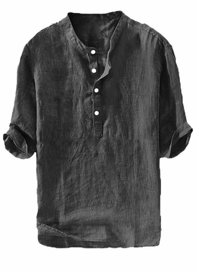 Ryannology Mens Linen Shirts Casual Cotton 3/4 Sleeve Regular-Fit Henley T-Shirt Summer Lightweight Beach Yoga Tops, 01 Black, M - Image 1