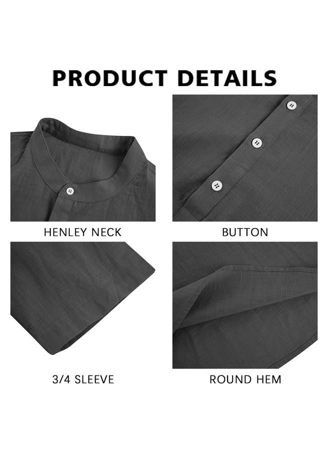 Ryannology Mens Linen Shirts Casual Cotton 3/4 Sleeve Regular-Fit Henley T-Shirt Summer Lightweight Beach Yoga Tops, 01 Black, M - Image 2