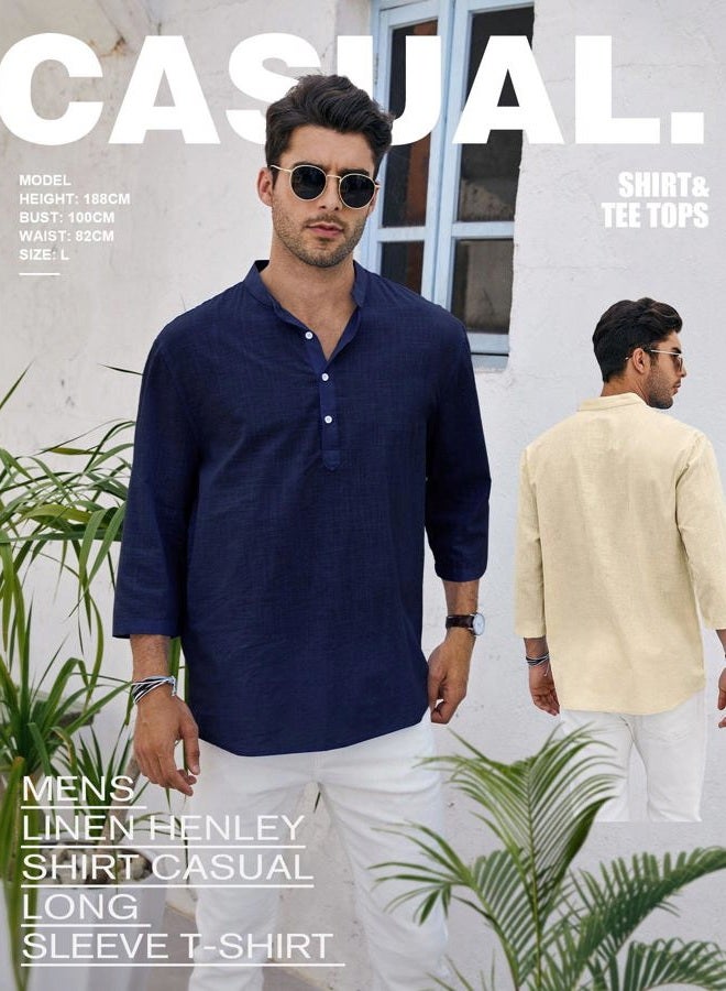 Ryannology Mens Linen Shirts Casual Cotton 3/4 Sleeve Regular-Fit Henley T-Shirt Summer Lightweight Beach Yoga Tops, 01 Black, M - Image 3