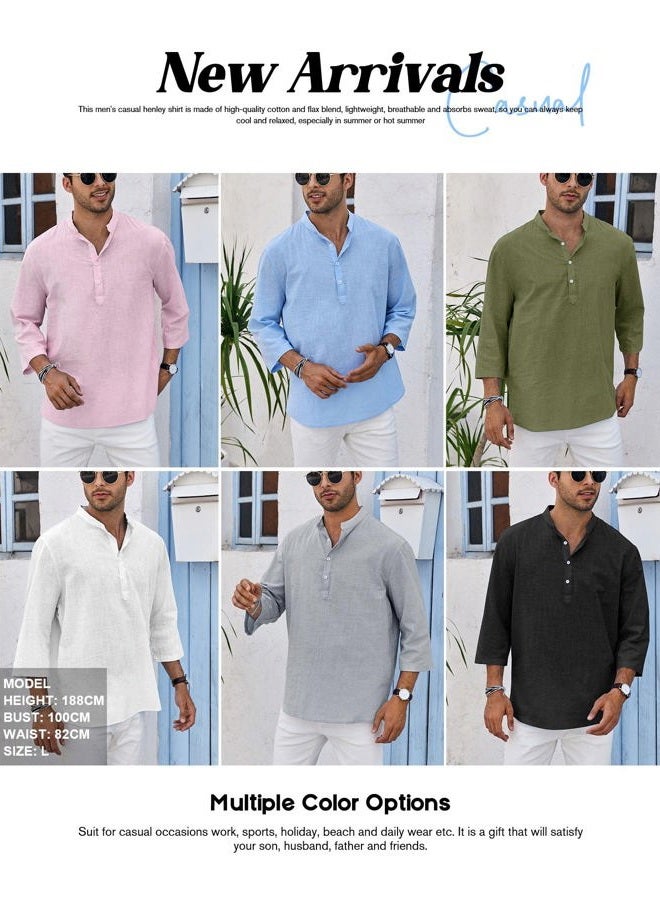 Ryannology Mens Linen Shirts Casual Cotton 3/4 Sleeve Regular-Fit Henley T-Shirt Summer Lightweight Beach Yoga Tops, 01 Black, M - Image 4