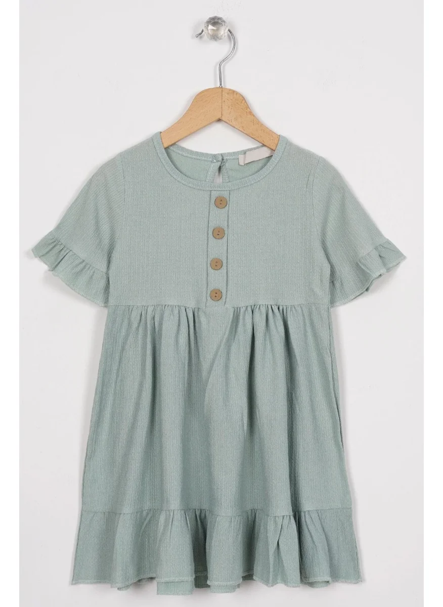Zepkids Crew Neck Short Sleeve Frilled Buttoned Mint Color Girl Dress