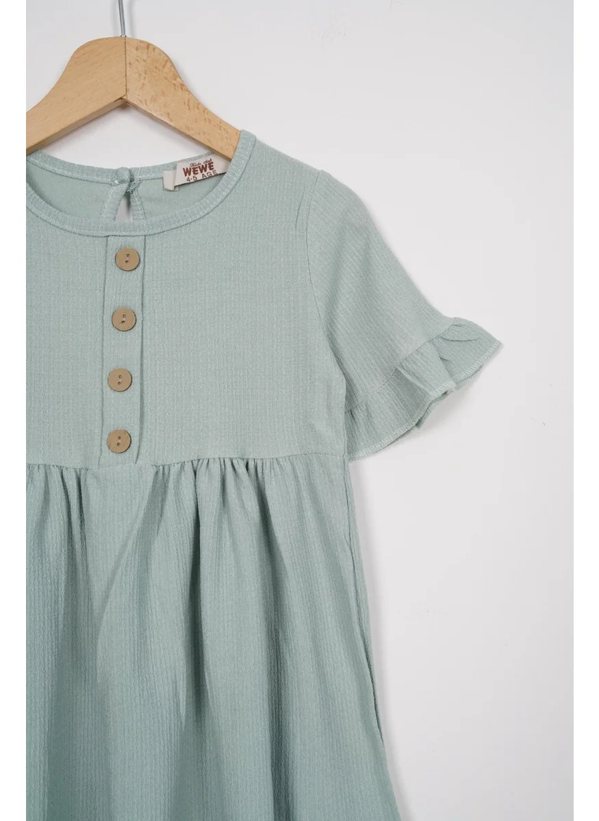 Zepkids Crew Neck Short Sleeve Frilled Buttoned Mint Color Girl Dress