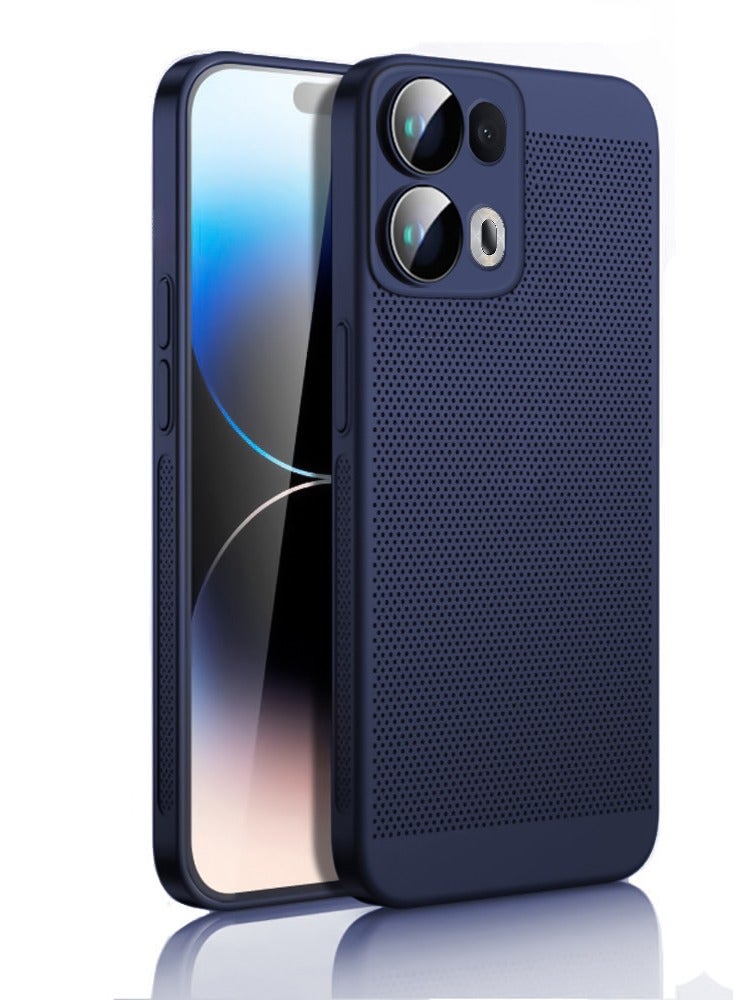 Heat Dissipation Case with Built in Camera Lens Protector Slim Fit Breathable Cooling Anti Fingerprint Hard PC Back Shockproof Cover For Oppo Reno 13 Pro (Blue)