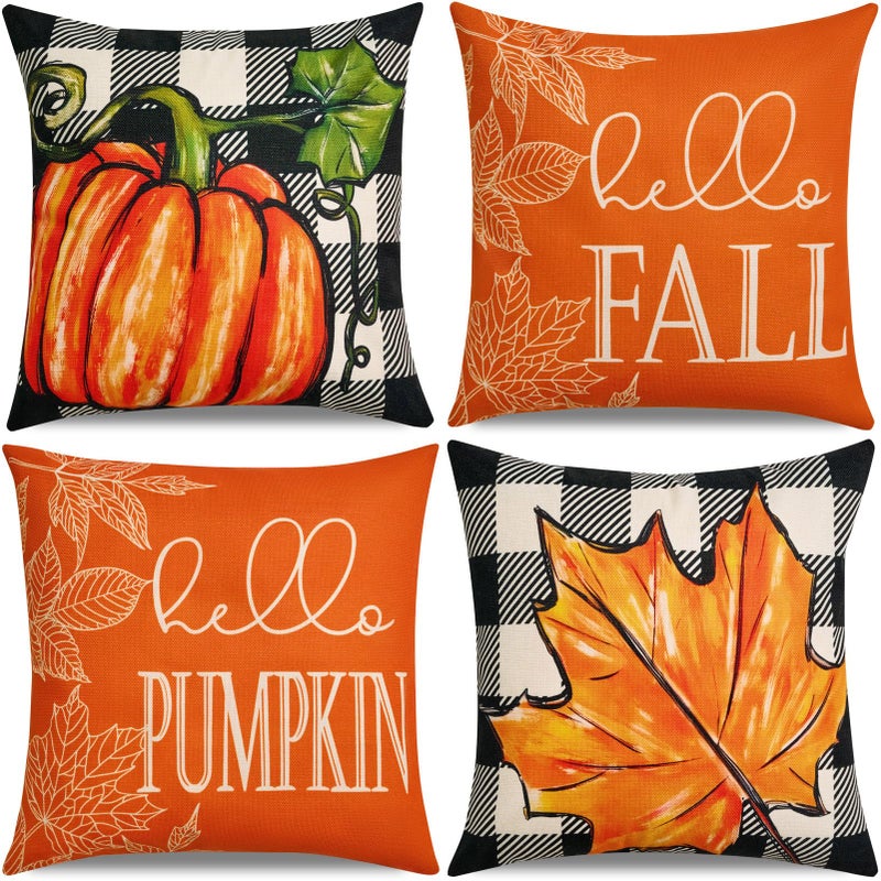 Hongsome Fall Throw Pillow Covers 18x18in set of 4,Pumpkin Linen Pillow Case for Thanksgiving Couch Autumn Holiday Outdoor Burnt Orange Blue White Decorations - Image 1