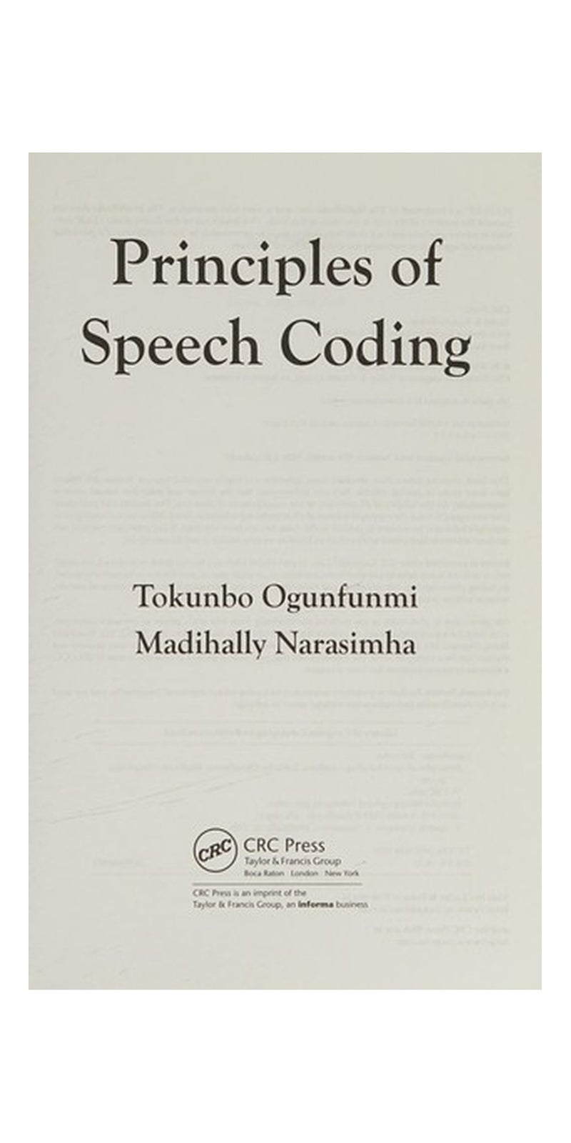 Principles of Speech Coding | Authored by Tokunbo Ogunfunmi, Madihally Narasimha | Hardcover | Published by CRC
