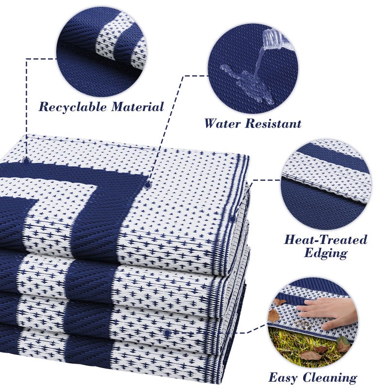 KMAT Outdoor Rug, Waterproof Reversible Patio Rugs, 5x8ft Large Outdoor Area Rug Foldable Plastic Camping Rugs for Outside RV, Patio,Picnic,Camper,Balcony,Porch (Blue &White) - Image 5