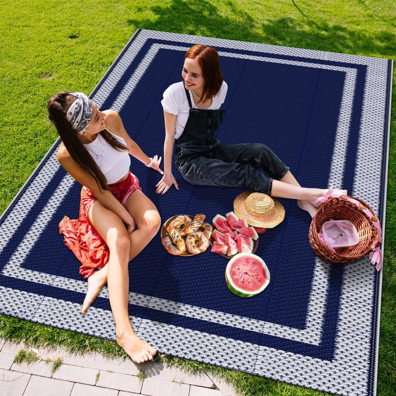 KMAT Outdoor Rug, Waterproof Reversible Patio Rugs, 5x8ft Large Outdoor Area Rug Foldable Plastic Camping Rugs for Outside RV, Patio,Picnic,Camper,Balcony,Porch (Blue &White) - Image 4