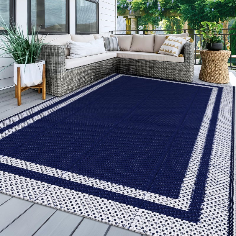 KMAT Outdoor Rug, Waterproof Reversible Patio Rugs, 5x8ft Large Outdoor Area Rug Foldable Plastic Camping Rugs for Outside RV, Patio,Picnic,Camper,Balcony,Porch (Blue &White) - Image 1