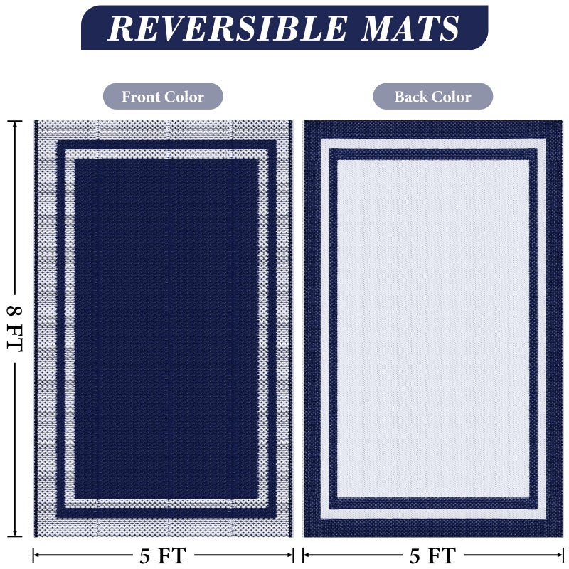 KMAT Outdoor Rug, Waterproof Reversible Patio Rugs, 5x8ft Large Outdoor Area Rug Foldable Plastic Camping Rugs for Outside RV, Patio,Picnic,Camper,Balcony,Porch (Blue &White) - Image 2