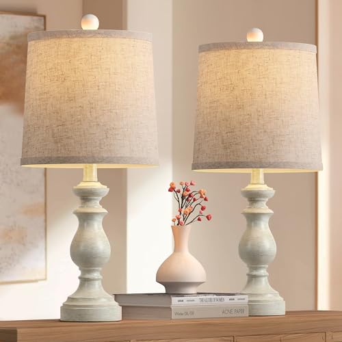 PARTPHONER Traditional Table Lamp Set of 2, Rustic Farmhouse Table Lamps for Living Room Bedroom, 22" Bedside Desk Lamps Vintage Nightstand Lamps with Linen Shades, Antique White - Image 1