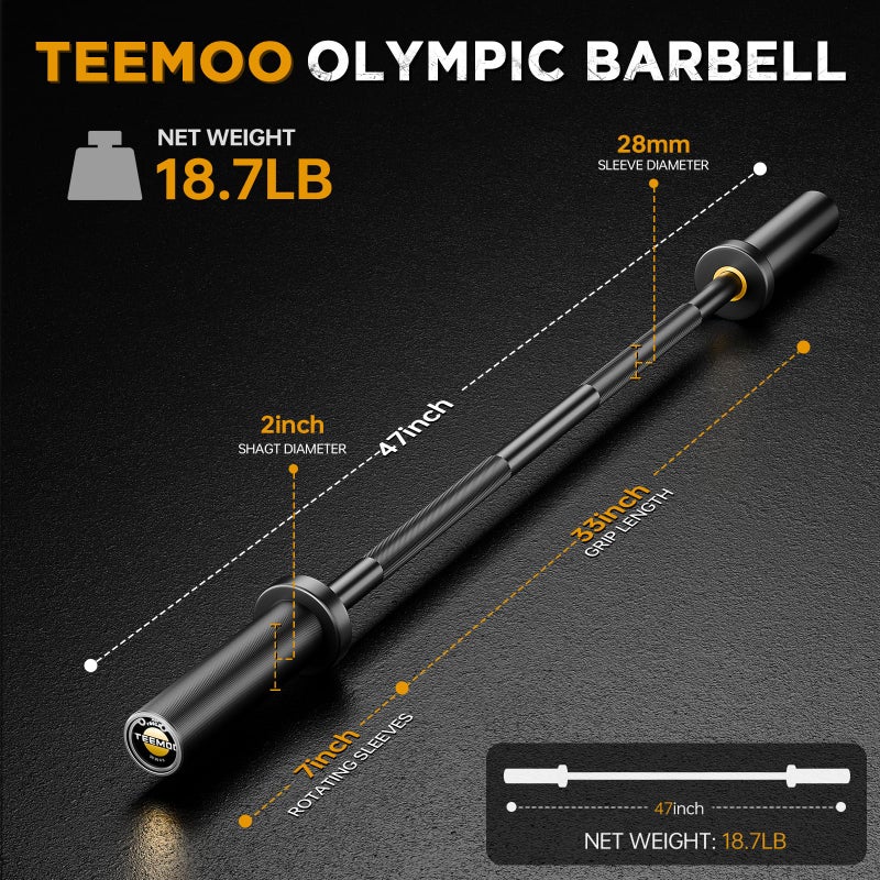 TEEMOO Olympic Barbell Bar, 47" Barbell Bar with 2 Spring Collars, Strength Training bars, Bench Press bar for Weight Lifting, Squat, Hip Thrusts, Biceps, 700lb Weight Capacity, E-Coat Finish for 2 inch Weight Plates (Black) - Image 2