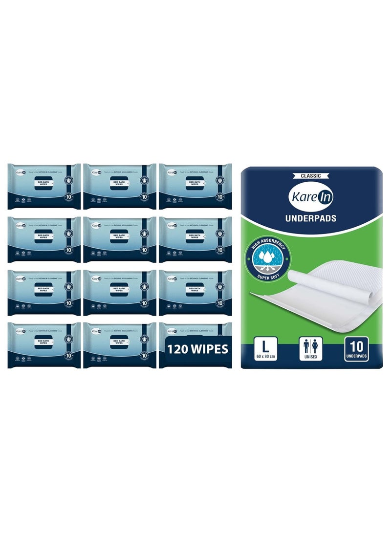 KareIn Bed Bath Wipes, Adult Wet Wipes, 120 Wipes, Pack of 12 & KareIn Classic Underpads, Large, 60 x 90 Cm, Superior Absorbency, Leak Proof, Pack of 1, 10 Count COMBO - Image 1