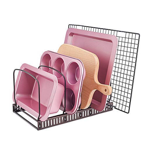 Toplife 10+ Bakeware Organizer Rack for Kitchen Bakeware, Cookware, Dinnerware, Cutting Boards, Plates, Pot and Pan Lids (Brown) - Image 1