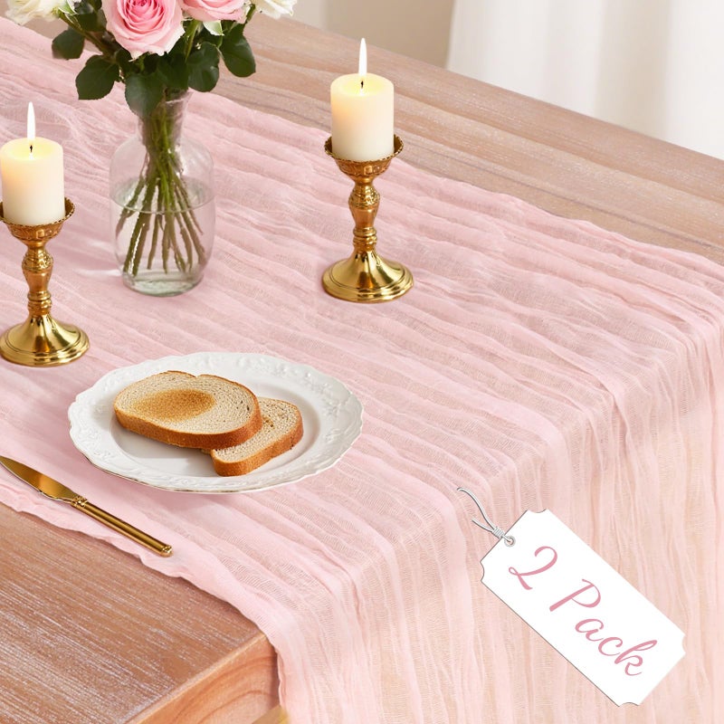 Jamestry 2 Pack Pink Cheesecloth Table Runner, 10Ft Boho Gauze Cheese Cloth Table Runners for Wedding, Party, Dinner, Baby Shower, 120 Inches Long Table Runner for Valentine's Day, Easter, Mother's Day Decor - Image 1
