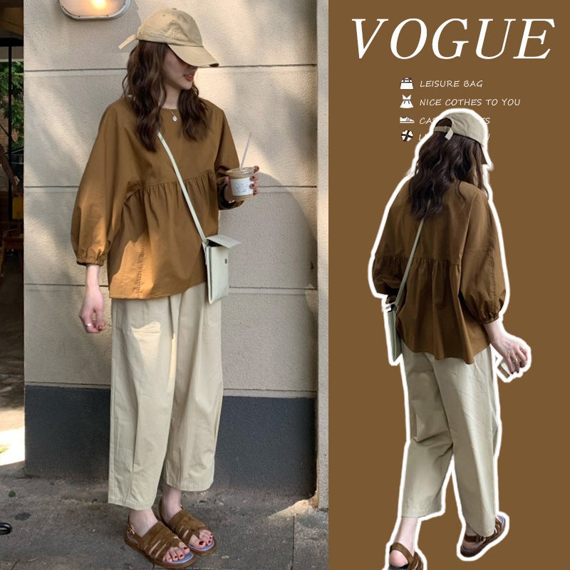 Summer Maternity Set Loose Shirt Cropped Trousers Single Pants - Image 2