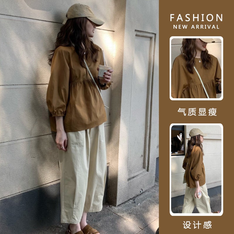 Summer Maternity Set Loose Shirt Cropped Trousers Single Pants - Image 1