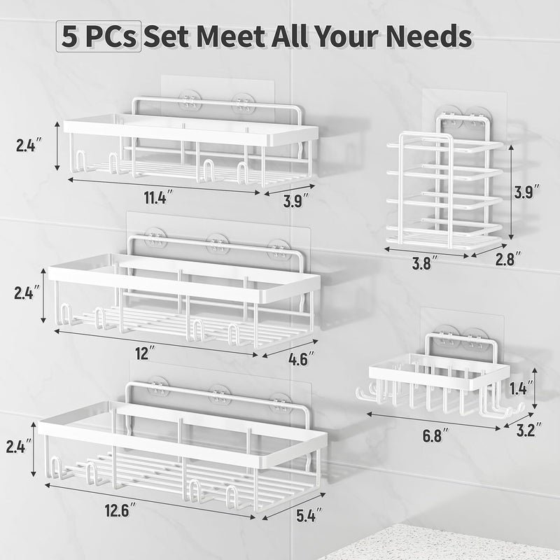 Liuoud 5 Pack Shower Caddy Organizer Rack Shelf for Inside Shower, Self Adhesive Wall Storage Basket Rustproof Stainless Steel Shampoo Holder Bathroom Accessory Decor Set, White - Image 2