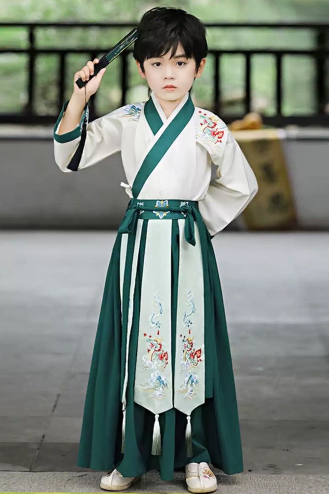 liannaner Chinese Traditional Embroidery Hanfu Kids Costume - Boys Ancient Dynasty Floral Robe with Fan Performances, Cultural Events & School Plays - Image 3