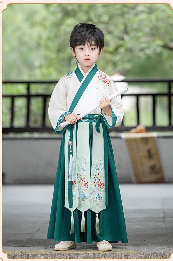 liannaner Chinese Traditional Embroidery Hanfu Kids Costume - Boys Ancient Dynasty Floral Robe with Fan Performances, Cultural Events & School Plays - Image 4