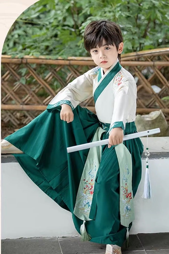 liannaner Chinese Traditional Embroidery Hanfu Kids Costume - Boys Ancient Dynasty Floral Robe with Fan Performances, Cultural Events & School Plays - Image 5