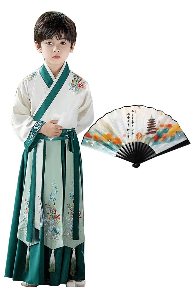 liannaner Chinese Traditional Embroidery Hanfu Kids Costume - Boys Ancient Dynasty Floral Robe with Fan Performances, Cultural Events & School Plays - Image 1