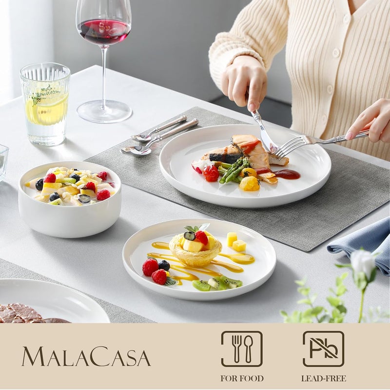 MALACASA LUNA Series 18 Piece White Porcelain Dinner Set for 6 People with Flat Plates, Dessert Plates, Cereal Bowls, Round Dinnerware Set - Image 3