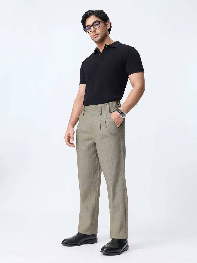 The Souled Store Pleated Striper Pants: Khaki Men and Boys Pinstripe Poly-Viscose Blend Straight Fit Pleated Front Elastic Back Waistband Trousers