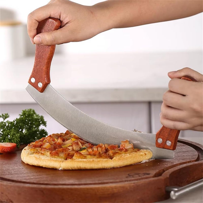 GALV pizza knife nougat double wooden handle stainless steel with curved scraper cutter baking tool kitchen bakewarepizza cutterpizza knifenougat cutterbaking toolswing knife24x10cm1pcbrown - Image 3