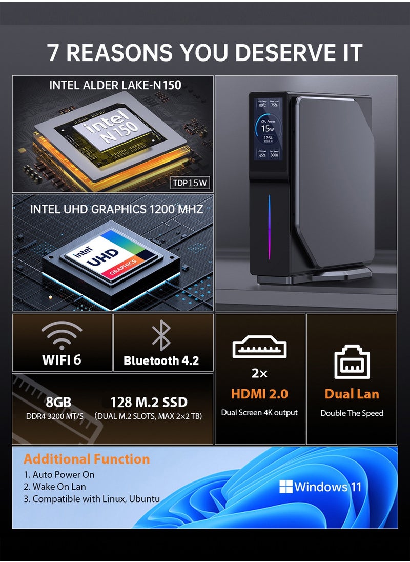 HILUKE - Mini PC Computer Intel 11th Gen CPU N150, 8GB RAM DDR4 128GB M.2 SSD, Mini Desktop Computers Support 4K Dual HDMI，Display/WiFi6/BT5.2/USB3.2/1000Mbps LAN/WOL Home/Office - Image 1