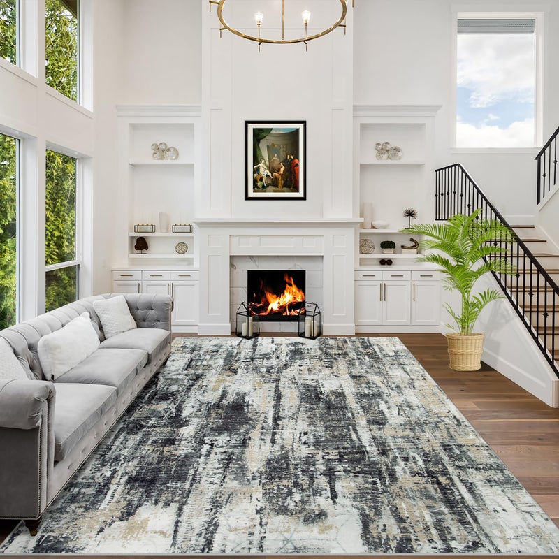 Gent drizz 5x7 Area Rugs Washable Rug: Modern Abstract Living Room Rug Soft Anti-Skid Thin Carpet Indoor Floor Non-Shedding Carpets for Bedroom Dining Room Farmhouse Nursery Home Office Black Grey Gold - Image 1