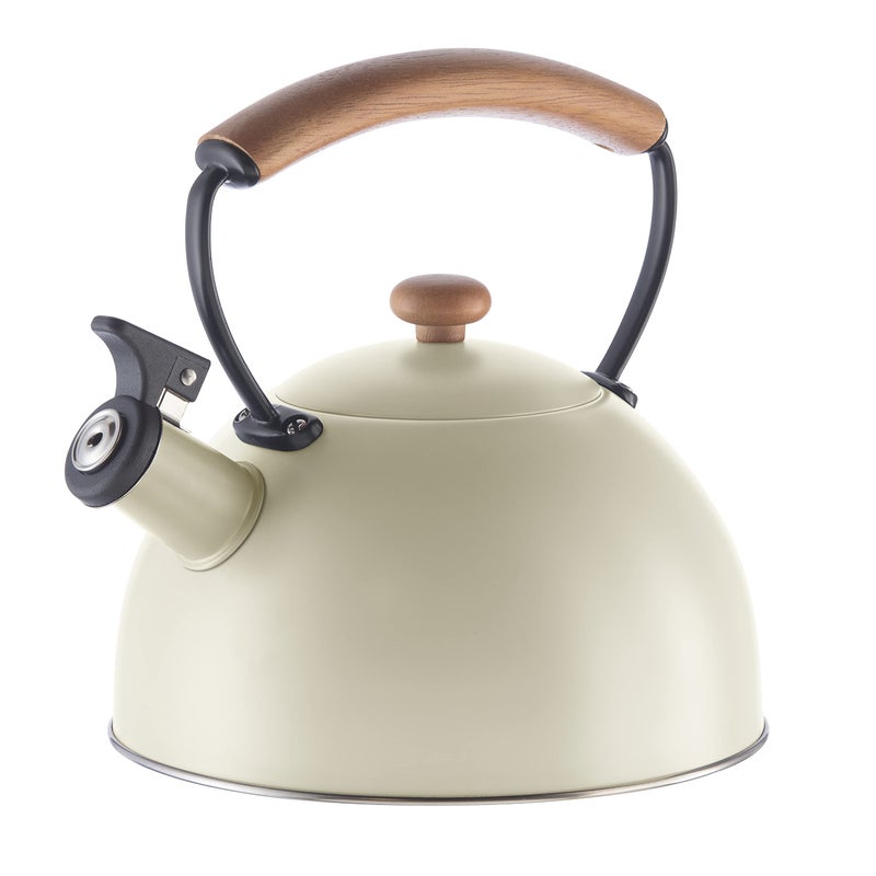 OGGI Tea Kettle for Stove Top  85oz  25lt Stainless Steel with Loud Whistle  StayCool Wood Handle Ideal Hot Water Kettle and Water Boiler  Warm Gray