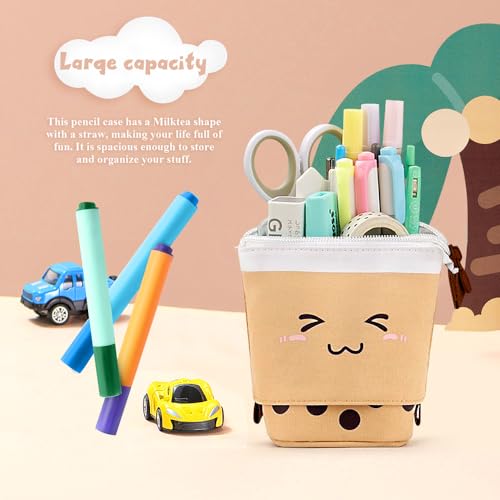 KPX Cute Standing Pencil Case Pen Holder for Kids, Pop Up Stand UP Bubble Tea Pen Organizer Kawaii Stationary for Christmas Holiday New Year Office (Brown) - Image 4